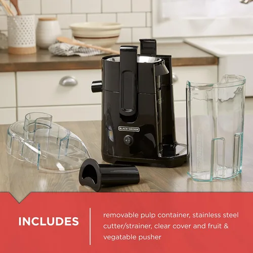 Vista 4 de BLACK+DECKER Extractor de jugo de frutas y verduras con diseño de ahorro de espacio, negro, 400 vatios