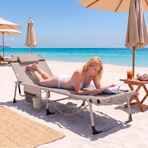 Vista 2 de Giantex Silla bronceadora, silla de playa de 330 libras con 5 posiciones ajustables, agujero para cara y brazo, correa para manos/hombros, almohada