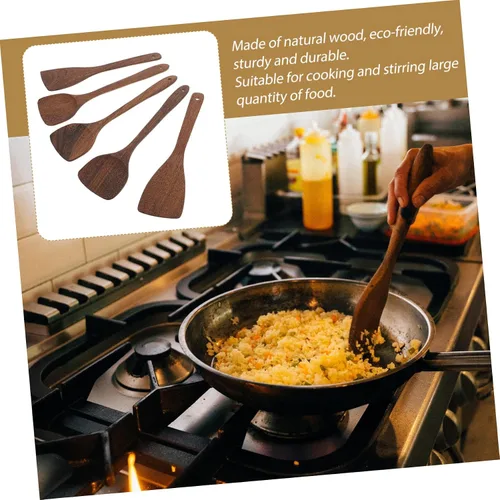 Vista 5 de Juego de utensilios de cocina de madera de 5 piezas para utensilios de cocina antiadherentes, cuchara de sopa de mango largo, práctica pala