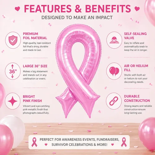 Vista 5 de Artisan Owl Globo de aluminio jumbo de 36 pulgadas con cinta rosa para concientización sobre el cáncer de mama para eventos de recaudación de fondos