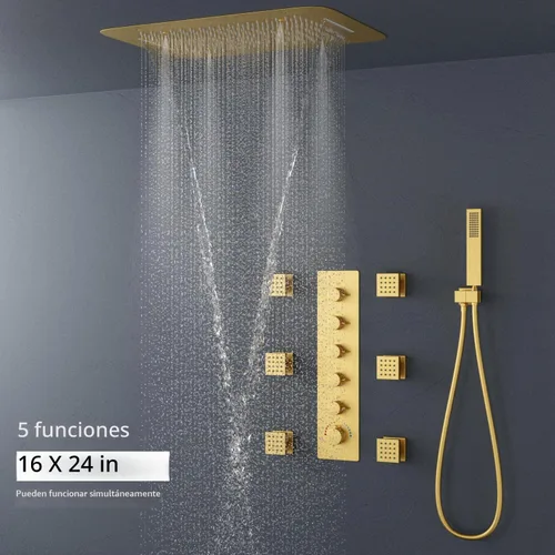 Vista 2 de Sistema de ducha dorado cepillado con cabezal de ducha grande de 16 x 24 pulgadas, cabezal de ducha de triple función, cascada de lluvia, juego