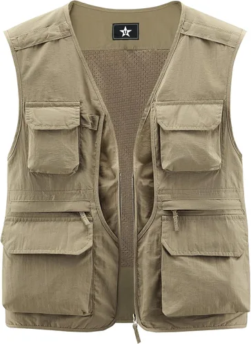 Vista 3 de LOUECHY Chaleco de pesca para hombre, chaleco ligero de viaje Safari con múltiples bolsillos