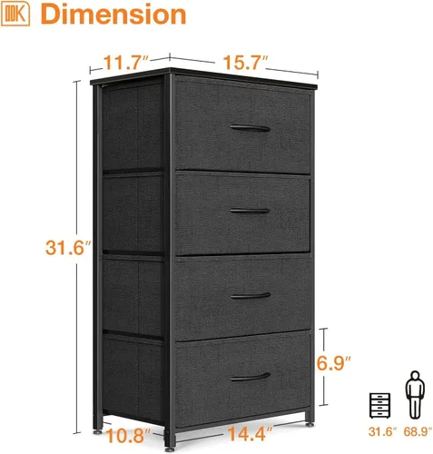 Vista 3 de ODK Cómoda para dormitorio con 4 cajones de almacenamiento, cómoda pequeña cofre de cajones de tela con marco de acero resistente, parte superior