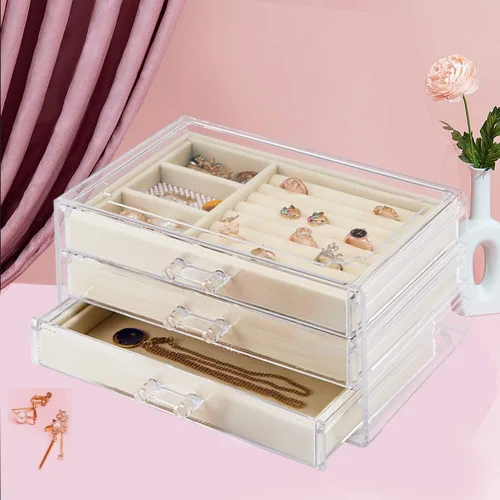 Vista 6 de Weiai Joyero acrílico con 3 cajones organizador de joyas de terciopelo aretes anillos collares pulseras vitrina regalo para mujeres niñas beige