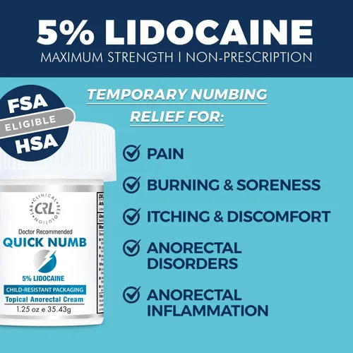 Vista 2 de Clinical Resolution Quick Numb - Crema anestésica tópica al 5% de lidocaína para aliviar el dolor rápido, picazón por quemaduras, máxima fuerza