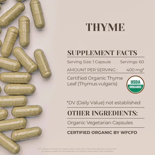 Vista 3 de Tomillo 60 cápsulas Cápsulas de alta potencia, suplementos dietéticos a base de hierbas Hecho con cápsulas vegetales y hoja seca de tomillo