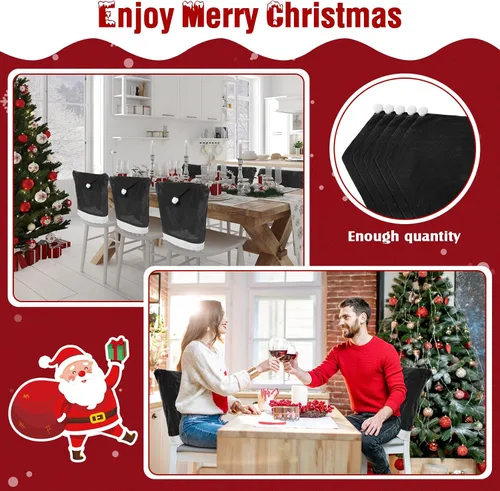 Vista 4 de Peryiter 24 Pcs Christmas Santa Hat Chair Cover Dining Decor, Black