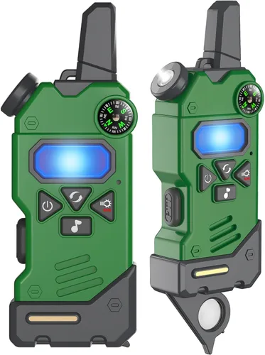Vista 9 de Walkie Talkies para niños, 5 canales coloridos de radio de 2 vías, brújula, linterna y lupa, alcance de 3 millas para juego de aventura, exterior