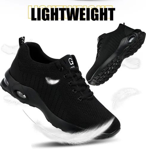 Vista 7 de GLANOUDUN Zapatos de punta de acero para hombre, ligeros, con amortiguación de aire, zapatos de trabajo de seguridad indestructibles, zapatos