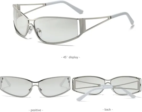 Vista 4 de Gafas de sol Y2K para mujeres y hombres, estética, accesorios de atuendo de los años 2000, lentes ovalados Y2K, marco de metal, persianas envolventes