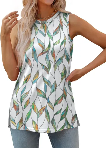 Vista 3 de XIEERDUO Camisetas sin mangas para mujer, cuello redondo, ajuste holgado, básicas, casuales, de verano, con abertura lateral, sin mangas