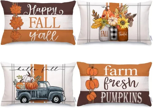 Vista 13 de GEEORY Juego de 4 fundas de almohada de camión de calabaza de otoño de 18 x Naranja y blanco