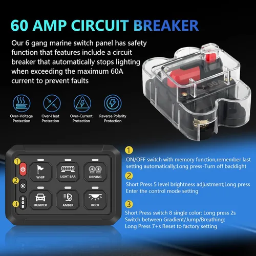 Vista 3 de Chelhead Panel de interruptor Bluetooth de 6 bandas, panel de interruptor de barco con disyuntor IP 65, impermeable, estroboscópico de flash