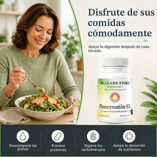 Vista 2 de Dr Clark Store Pancreatin 8X Suplemento enzimático 500 mg, 100 cápsulas