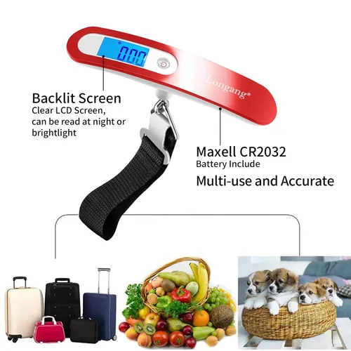 Vista 2 de Longang Báscula digital colgante de equipaje de 110 libras con retroiluminación para viajes, báscula de maleta precisa con mango cómodo y batería