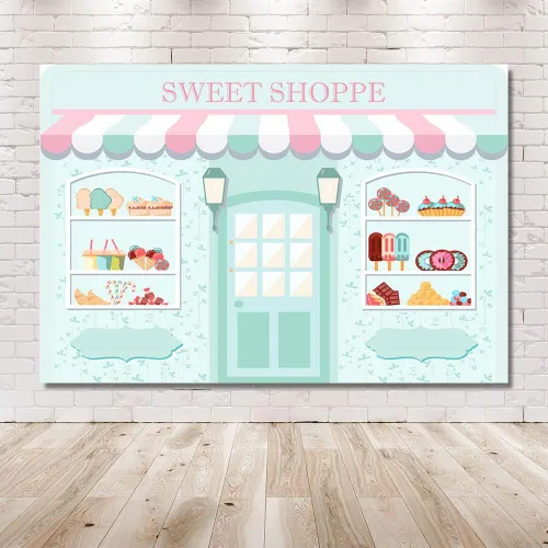 Vista 7 de MEHOFOND Telón de fondo Sweet Shoppe de 5 x 3 pies para niña, fondo de fotografía de cumpleaños, pancarta de fiesta para niños, baby shower, dona