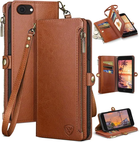Vista 9 de XcaseBar Compatible con iPhone SE 3rd/7/8 Funda tipo cartera con cremallera y tarjetero de crédito [bloqueo RFID], funda de piel sintética con tapa