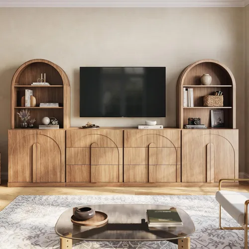 Vista 72 de BELLEZE Centro de entretenimiento modular de 4 piezas con almacenamiento, 2 vitrinas de madera moderna con gabinete arqueado y 2 armarios de puerta