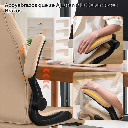 Vista 8 de Ylzyxal Silla de escritorio de oficina, silla ergonómica para computadora con brazos abatibles acolchados y soporte lumbar ajustable, silla Beige