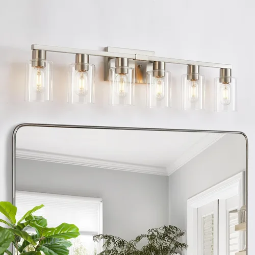Vista 15 de Lámpara de tocador de baño de 4 luces, lámparas de baño negro mate con pantalla de vidrio transparente, 4 luces de tocador, accesorios