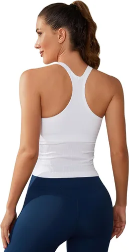 Vista 195 de ATTRACO Camiseta corta acanalada de entrenamiento para mujer con brasier integrado para yoga, espalda cruzada, ajuste ajustado