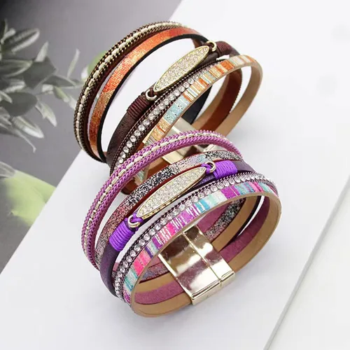 Vista 3 de KunBead Pulseras de cuero para mujer, hechas a mano, trenzadas, bohemias, multicapas, pulsera de pulsera para cumpleaños