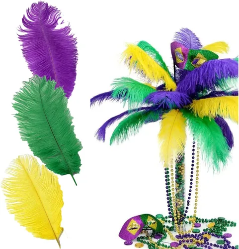 Vista 7 de 12 plumas de Mardi Gras de 10 a 12 pulgadas para manualidades, plumas de avestruz coloridas moradas, verdes, doradas para Mardi Gras, manualidades