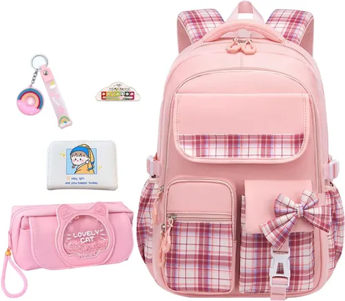 Vista 9 de Mochila azul de 5 piezas para niñas escolares – Mochila Kawaii para escuela primaria para niños, lindas mochilas a cuadros para niñas, estudiantes