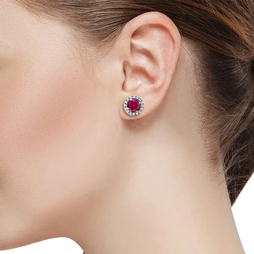 Vista 2 de Gem Stone King Aretes de plata de ley 925 con diseño de rubí rojo para mujer (2.00 quilates, redondo de 0.236 in), Metal Gema, Rubí sintético