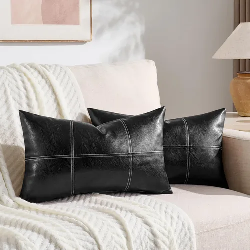 Vista 14 de Fancy Homi Paquete de 2 fundas de almohada decorativas de piel sintética a cuadros negros de 16 x 16 pulgadas para sofá cama sofá, estilo rústico