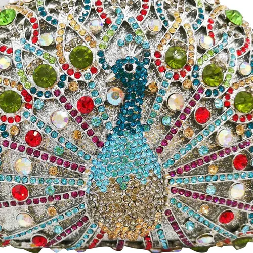 Vista 7 de Boutique De FGG Bolsos de mano con diamantes de imitación de pavo real para mujer, bolsos de noche para bodas, fiestas, bolsa de mano de cristal