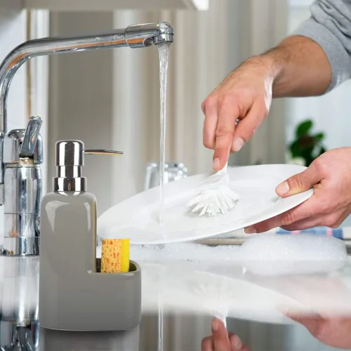 Vista 6 de Dispensador de jabón para platos, dispensador de jabón de cocina con soporte de esponja, dispensador de jabón de cerámica mate de 20 onzas para Gris