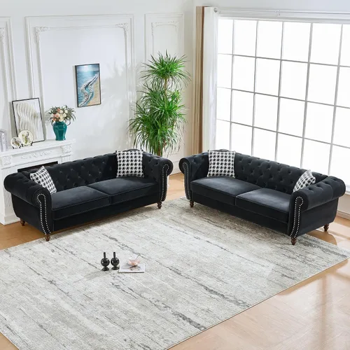 Vista 19 de Juego de 2 sofás de terciopelo negro moderno de mediados de siglo, sofá y sofá biplaza con botones copetudos, muebles para la sala, cómodo sofá Azul