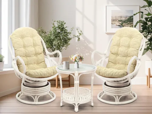 Vista 4 de Salón mecedora giratoria Java silla ratán mimbre hecho a mano con cojín crema, lavado blanco