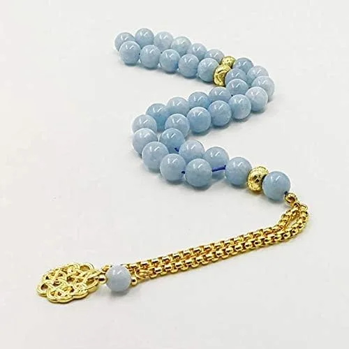 Vista 6 de ALBASHAN Pulsera Tasbih de piedra aguamarina natural para hombre, regalo islámico especial para musulmanes 33, 45, 66, 99, cuentas de oración