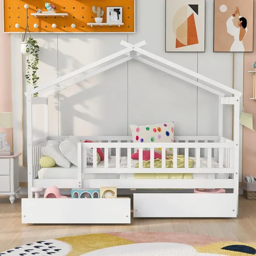 Vista 16 de RUNNA Marco de cama de madera de tamaño matrimonial con valla, para niños, adolescentes, niñas, niños, (Natural-Thinck 4col)