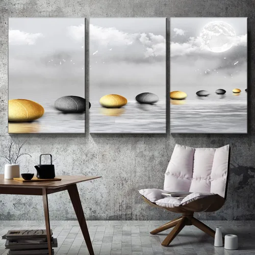 Vista 2 de Wewejia 3 piezas de lienzo gris para pared, calma/relajación, piedras zen doradas, cielo, pájaros, lago, niebla, luna llena, póster, arte de pared