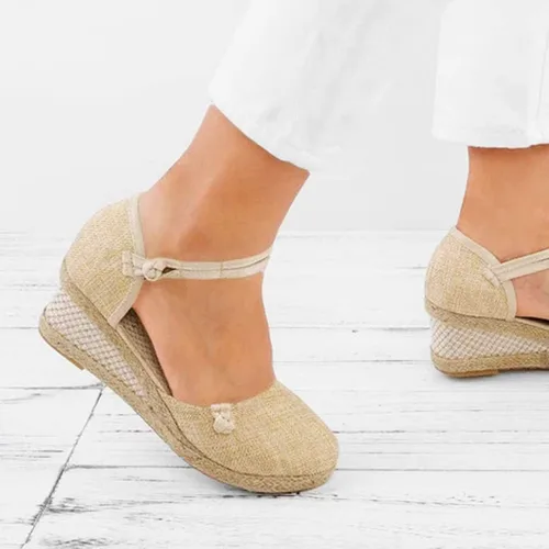 Vista 6 de Aniywn Sandalias de cuña retro con punta cerrada para mujer, con correa de hebilla, alpargatas para mujer