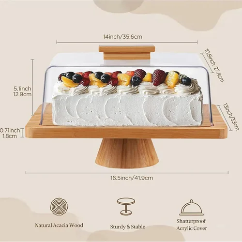 Vista 2 de HBlife Soporte para pasteles con tapa (16.5 pulgadas), soporte multifuncional para pasteles con cúpula acrílica, soporte rectangular de bambú 2 en 1