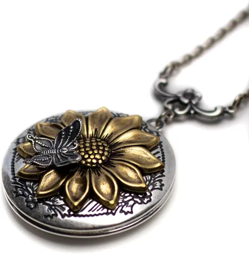 Vista 3 de Sunflower and Butterfly Locket Necklace 1.25 inch with choice of chain length