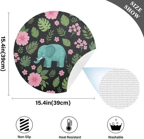 Vista 4 de Playful Teal Elephants Round Table Placemats, Heat Resistant Non Slip Circle Washable Placemats for Kitchen one sizex1