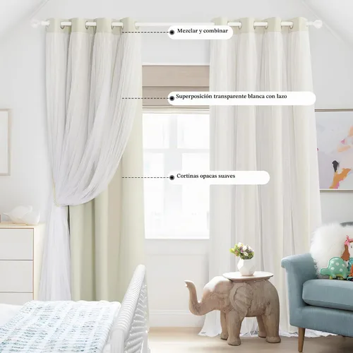 Vista 5 de Beige Blackout Curtains with White Sheer Overlay for Bedroom/Living Room