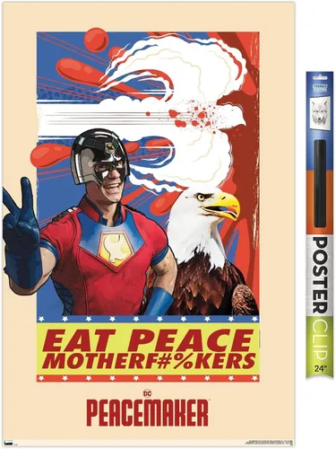 Vista 17 de DC Comics TV Peacemaker - Póster de pared Eat Peace, 22.4 pulgadas de largo x 14.7 pulgadas de ancho, versión enmarcada de madera de granero Versión