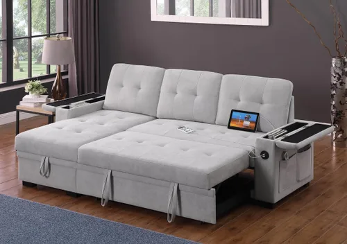 Vista 4 de Lilola Home Ashlyn II - Sofá modular reversible de tela tejida gris de 84 pulgadas con diván de almacenamiento, brazos de almacenamiento