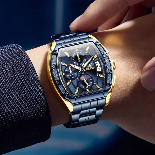 Vista 4 de OLEVS Relojes para Hombres Cronógrafo Impermeable Cara Rectangular Fase Lunar Correa de Acero Inoxidable Relojes de Vestir para Hombres Luminoso