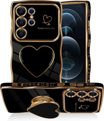 Vista 11 de Funda para Samsung Galaxy S23 Love-Heart Holder Case Cute Black Luxury Wave Frame forma rizada con corazón de amor, cubierta protectora de TPU suave