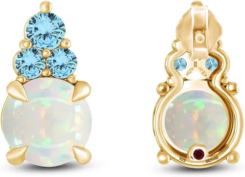 Vista 5 de Colgante redondo de ópalo blanco natural y topacio azul suizo con piedras preciosas y aretes colgantes en oro de 14 quilates sobre plata de ley