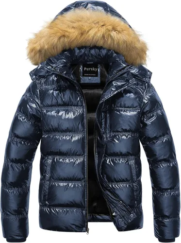 Vista 10 de Pursky Chaqueta de plumón impermeable para hombre, abrigos de invierno con capucha de piel para esquiar, parka con capucha de piel Verde militar