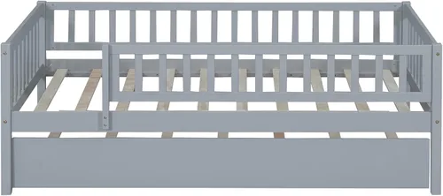 Vista 5 de Base de cama de tamaño individual con barandillas nido y vallas, camas infantiles de madera estilo Montessori con soporte de tablillas, sofá cama
