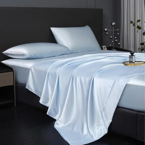 Vista 9 de Revdomfly Juego de 4 Piezas de Sábanas de Satén Azul Bebé de Tamaño Completo, Lujosas y Suaves como Seda, 1 Sábana Bajera Premium que Absorbe
